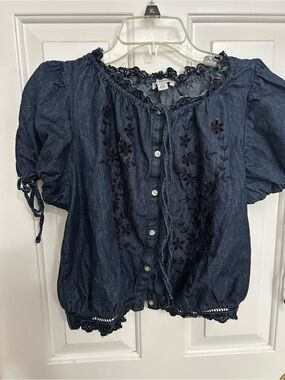 concert ready! Embroidered Denim Peasant Top - Navy/ denim